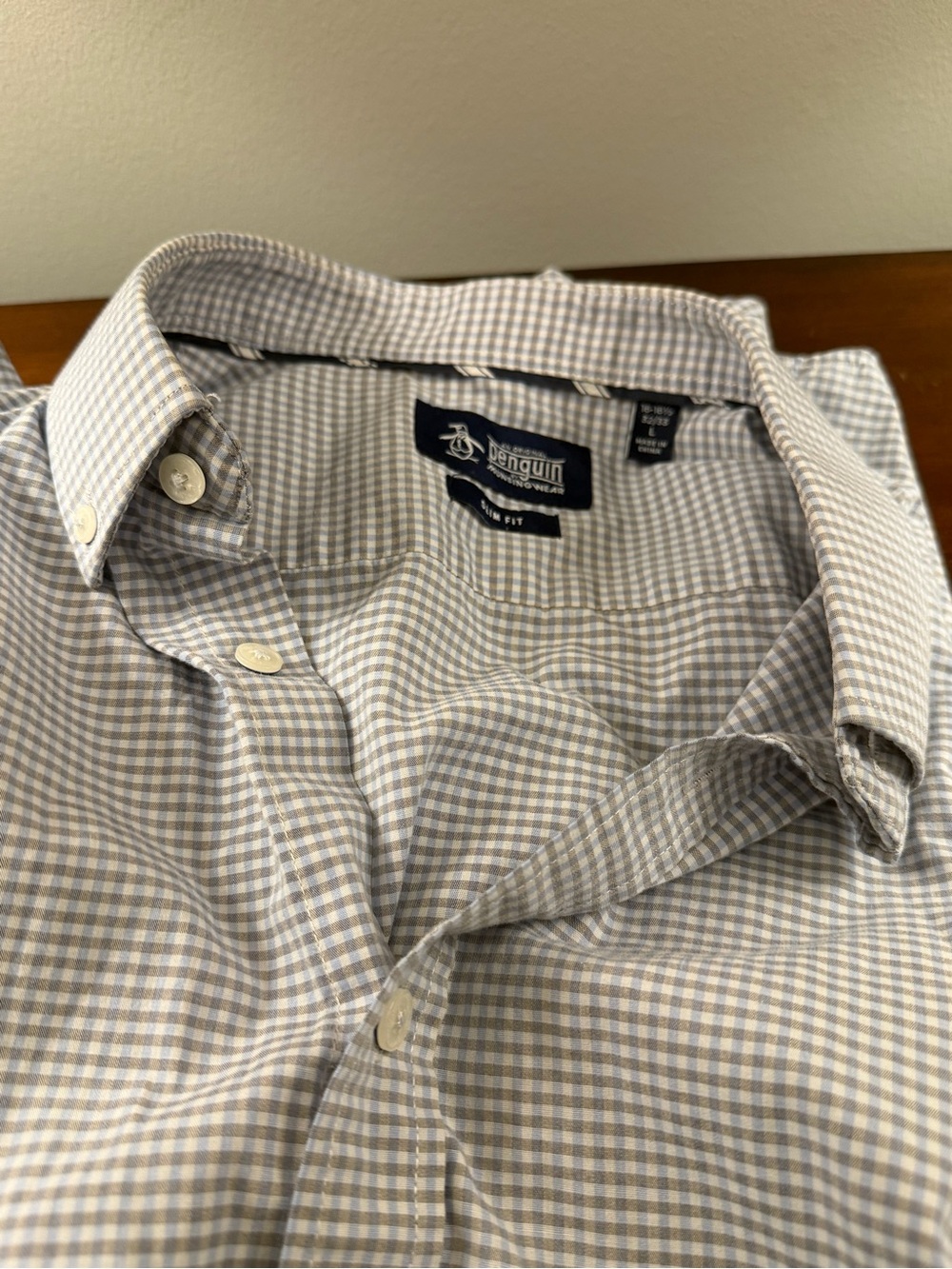 Original Penguin Gray Gingham Check Slim Fit Shirt – Size L